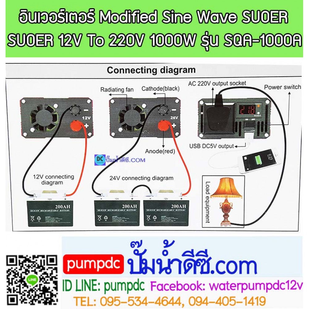 อินเวอร์เตอร์ Modified Sine Wave "SUOER" 12V To 220V 1000W (SQA-1000A)